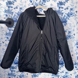 deux par deux Black Hooded Puffer Jacket with Sherpa Lining